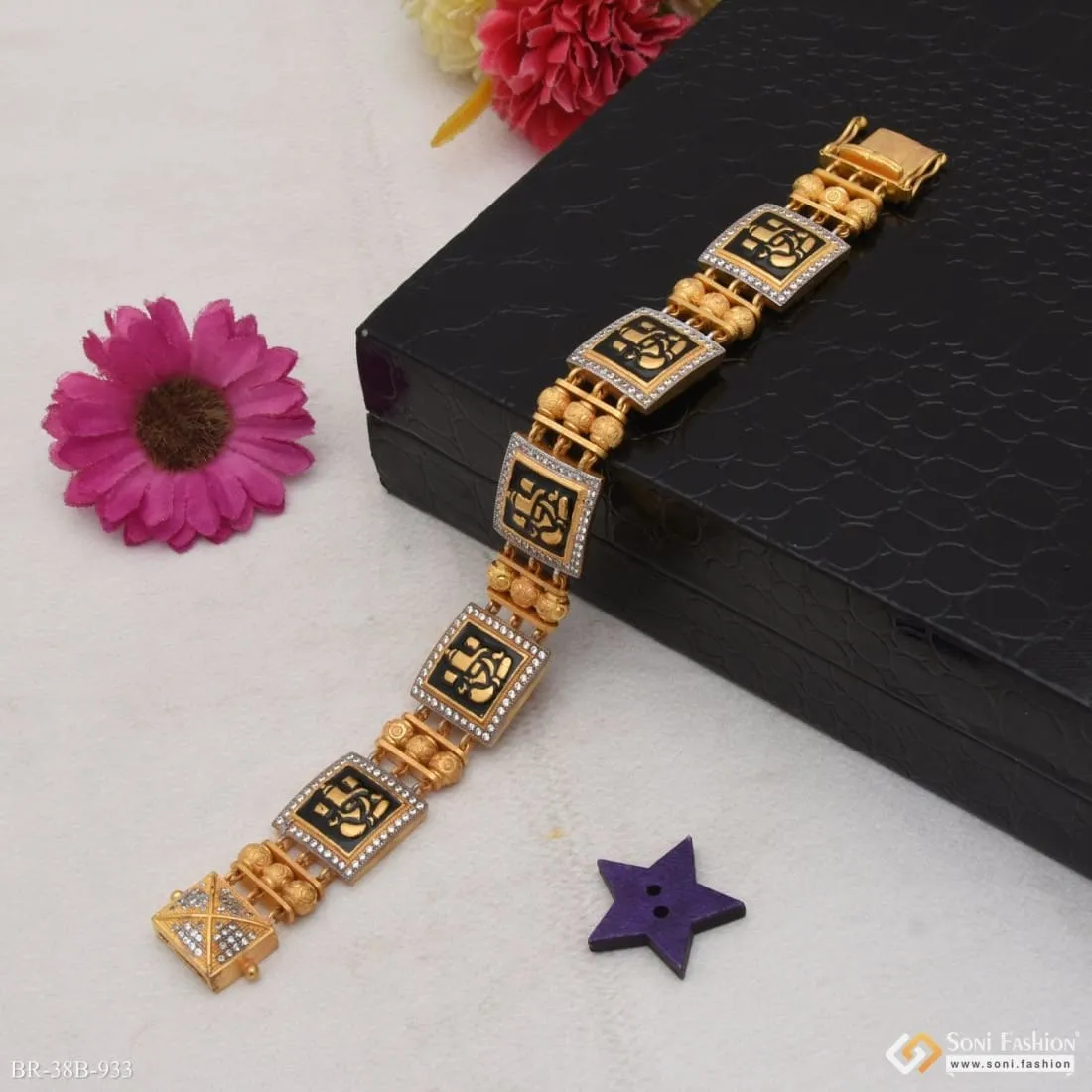 1 Gram Gold Forming Ganpati with Diamond Sophisticated Design Bracelet - Style B933