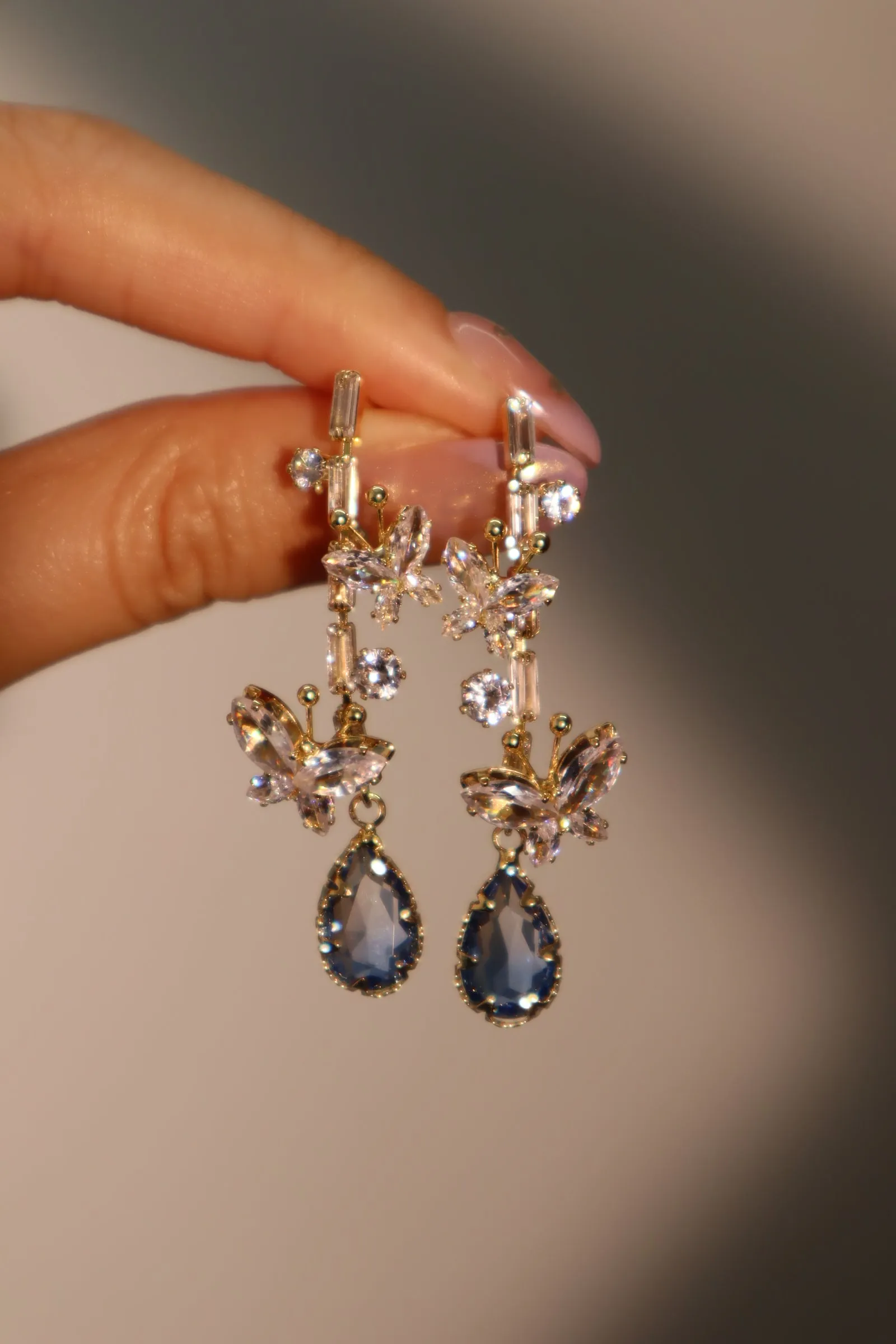 14K Real Gold Plated Diamond Butterfly Blue Drop Earrings