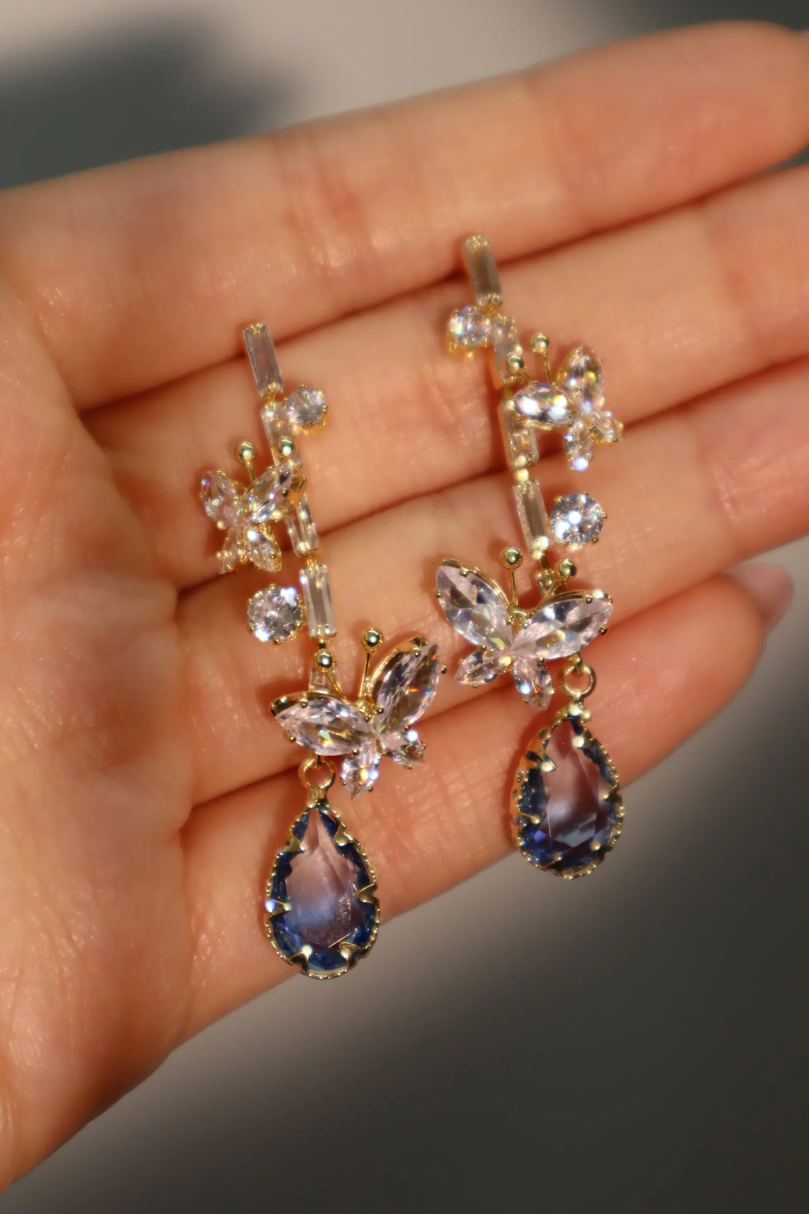 14K Real Gold Plated Diamond Butterfly Blue Drop Earrings