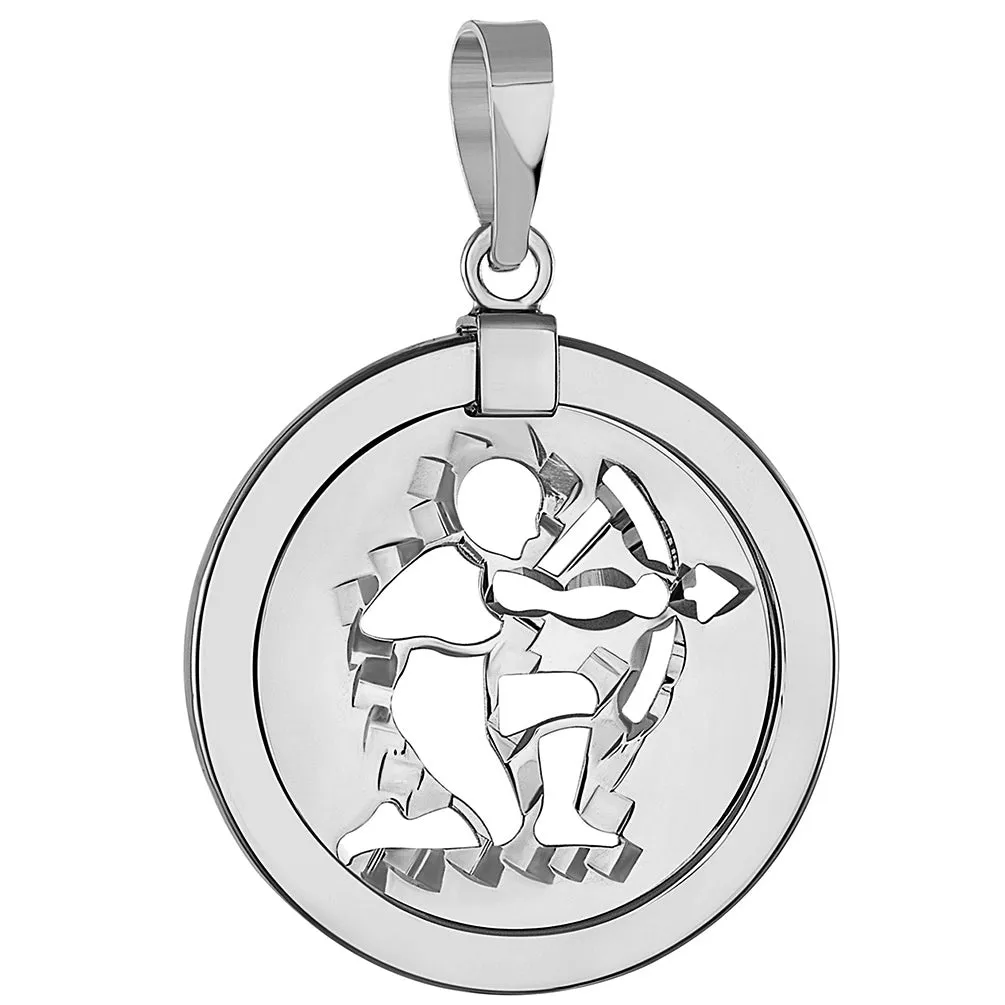 14k White Gold Round Sagittarius Zodiac Sign Archer Shooting Arrow Medallion Pendant (Reversible)