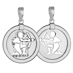 14k White Gold Round Sagittarius Zodiac Sign Archer Shooting Arrow Medallion Pendant (Reversible)