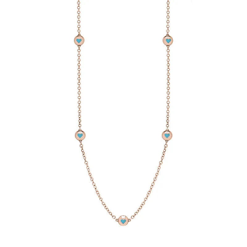 18ct Rose Gold Turquoise Heart Link Disc Chain Necklace