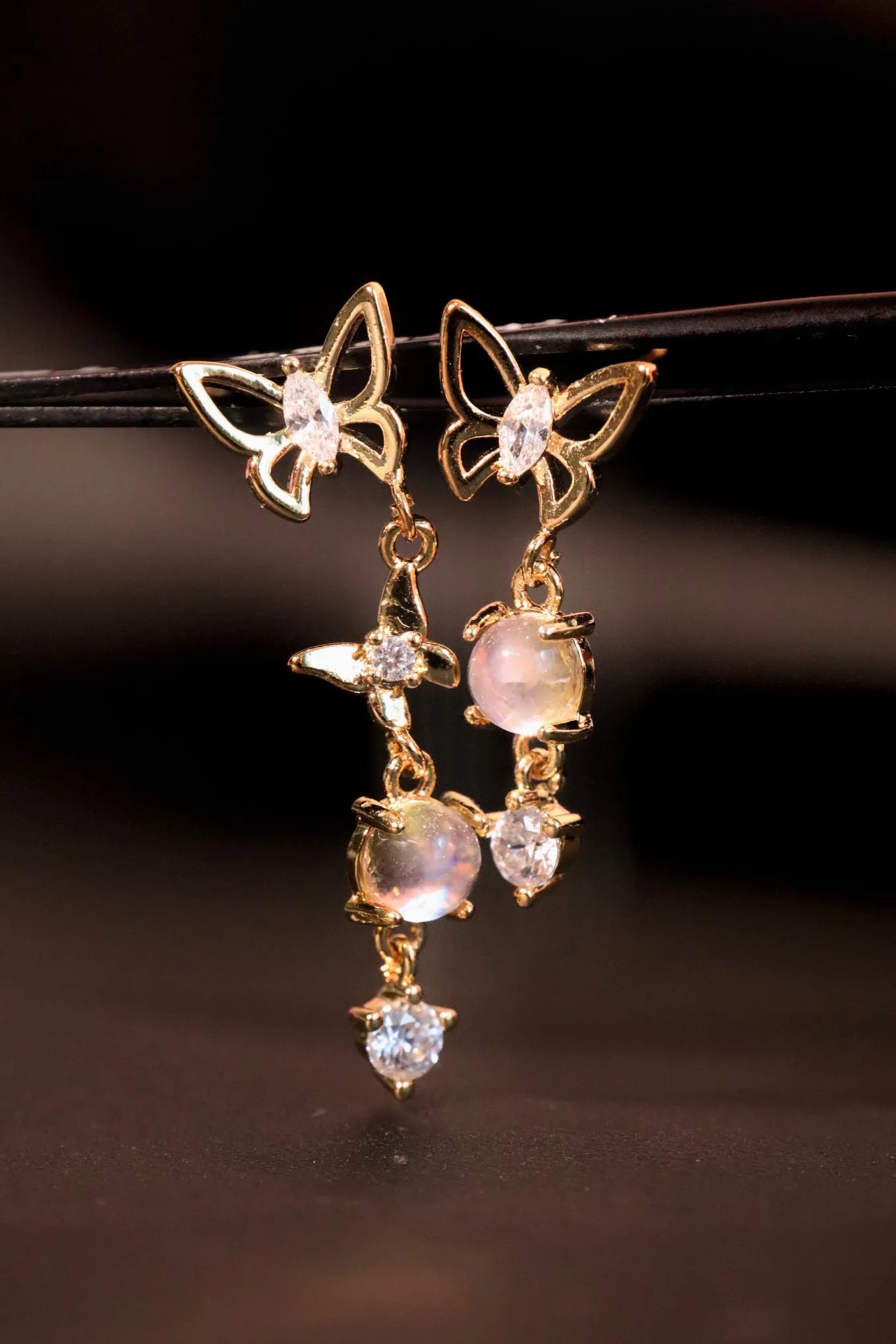 18K Real Gold Plated Butterfly Moonstone Dangle Earrings