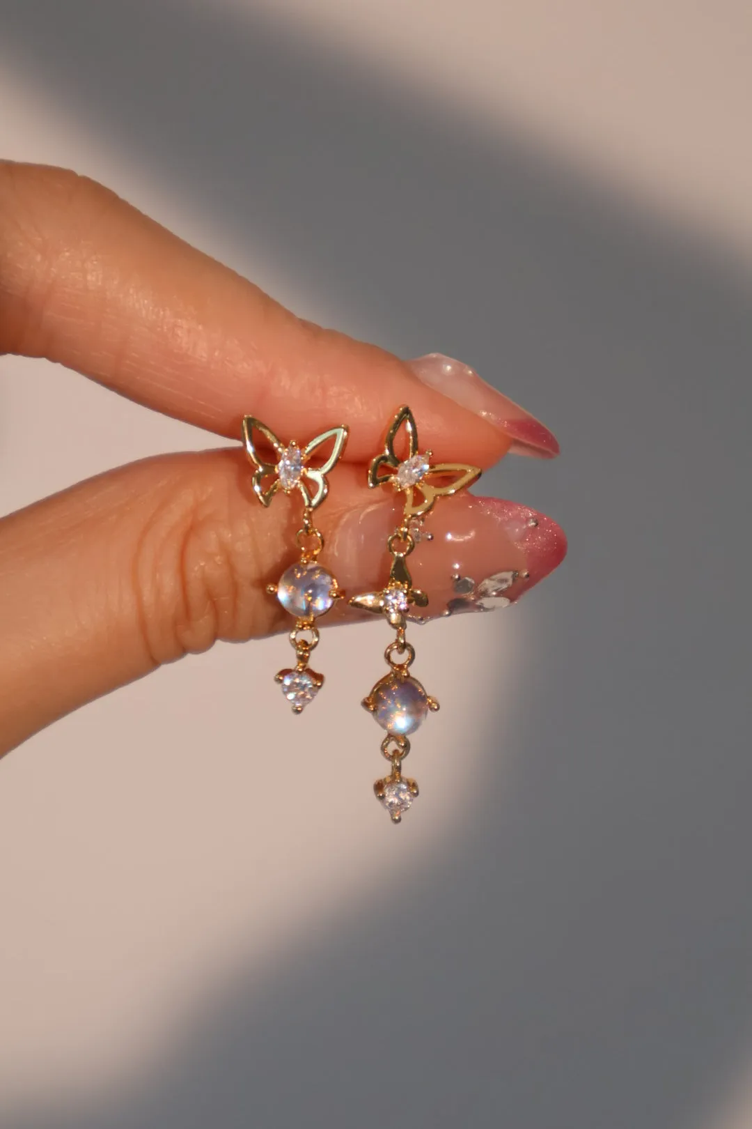 18K Real Gold Plated Butterfly Moonstone Dangle Earrings