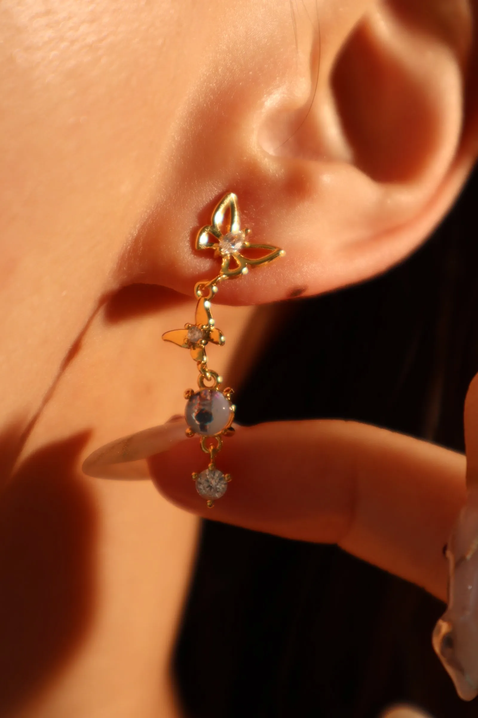 18K Real Gold Plated Butterfly Moonstone Dangle Earrings