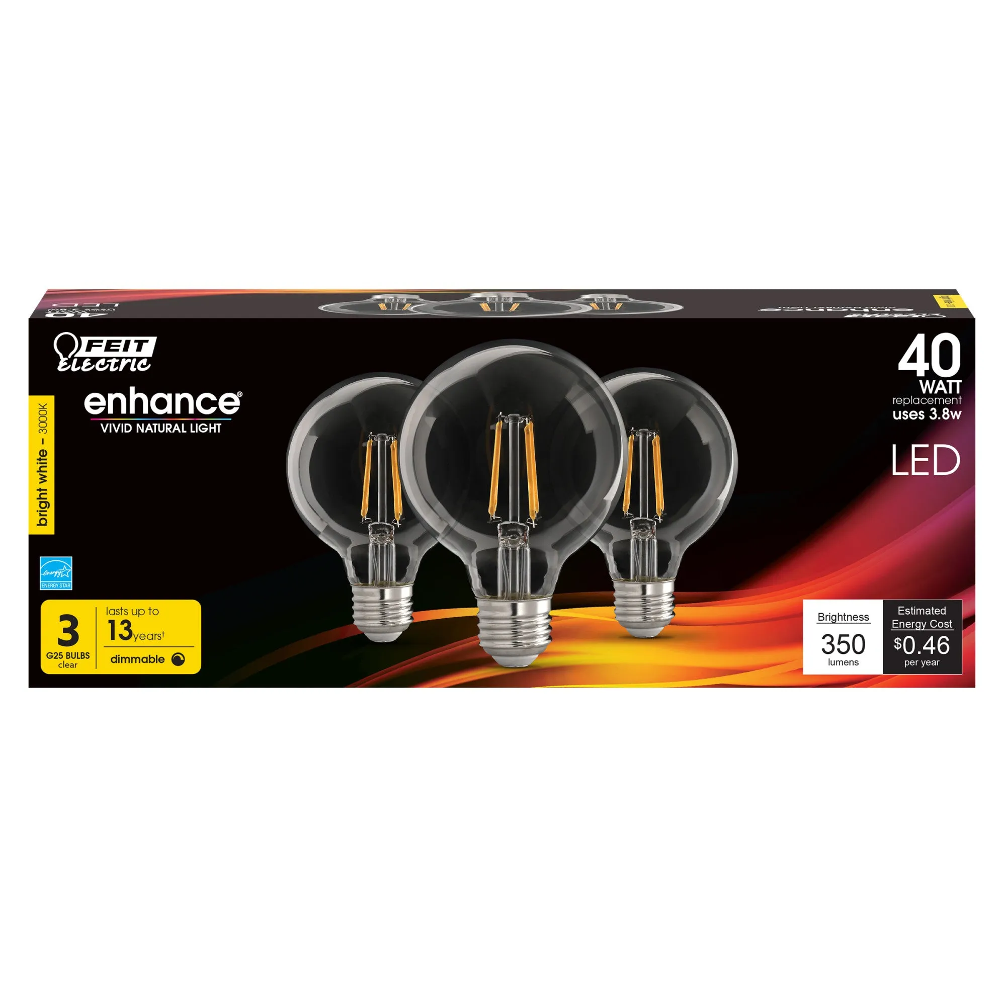 3.8W (40W Replacement) Bright White (3000K) E26 Base G25 Filament LED Bulb (3-Pack)