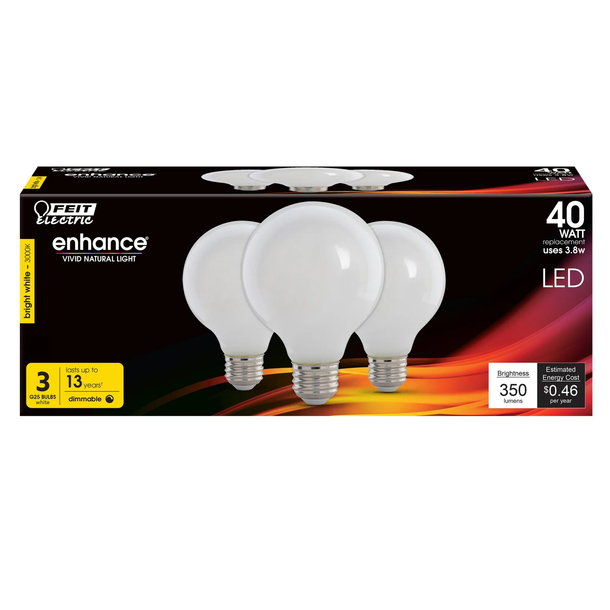 3.8W (40W Replacement) Bright White (3000K) G25 E26 Base Dimmable Enhance Frost Filament LED (3-Pack)