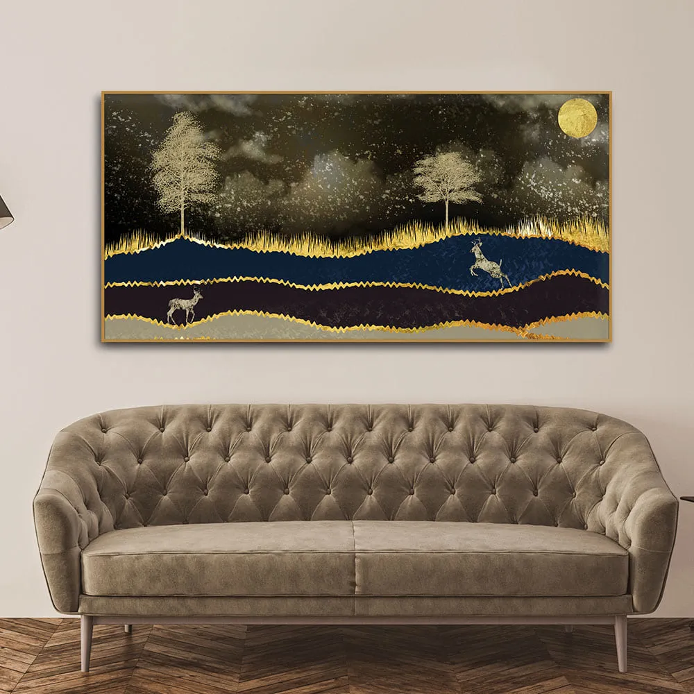 Abstract Midnight Golden Scenery with Deer Canvas Wall Painting