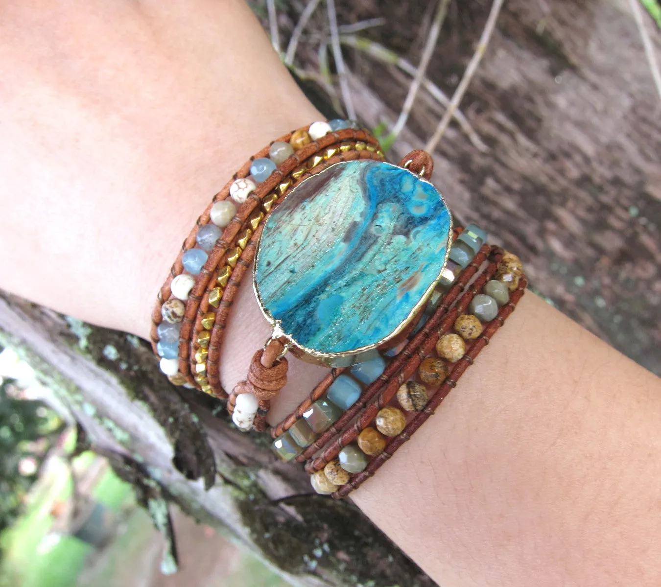 Azurea Gold Gilded Stone Beaded Leather Wrap Bracelet