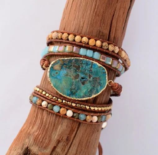 Azurea Gold Gilded Stone Beaded Leather Wrap Bracelet