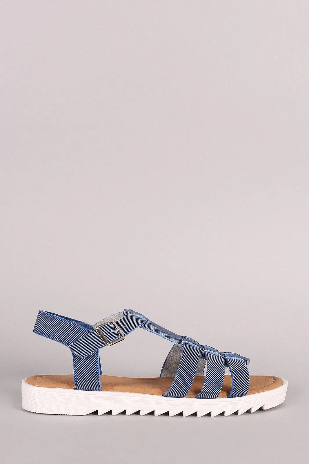 Bamboo Denim Strappy Lug Sole Fisherman Flat Sandal