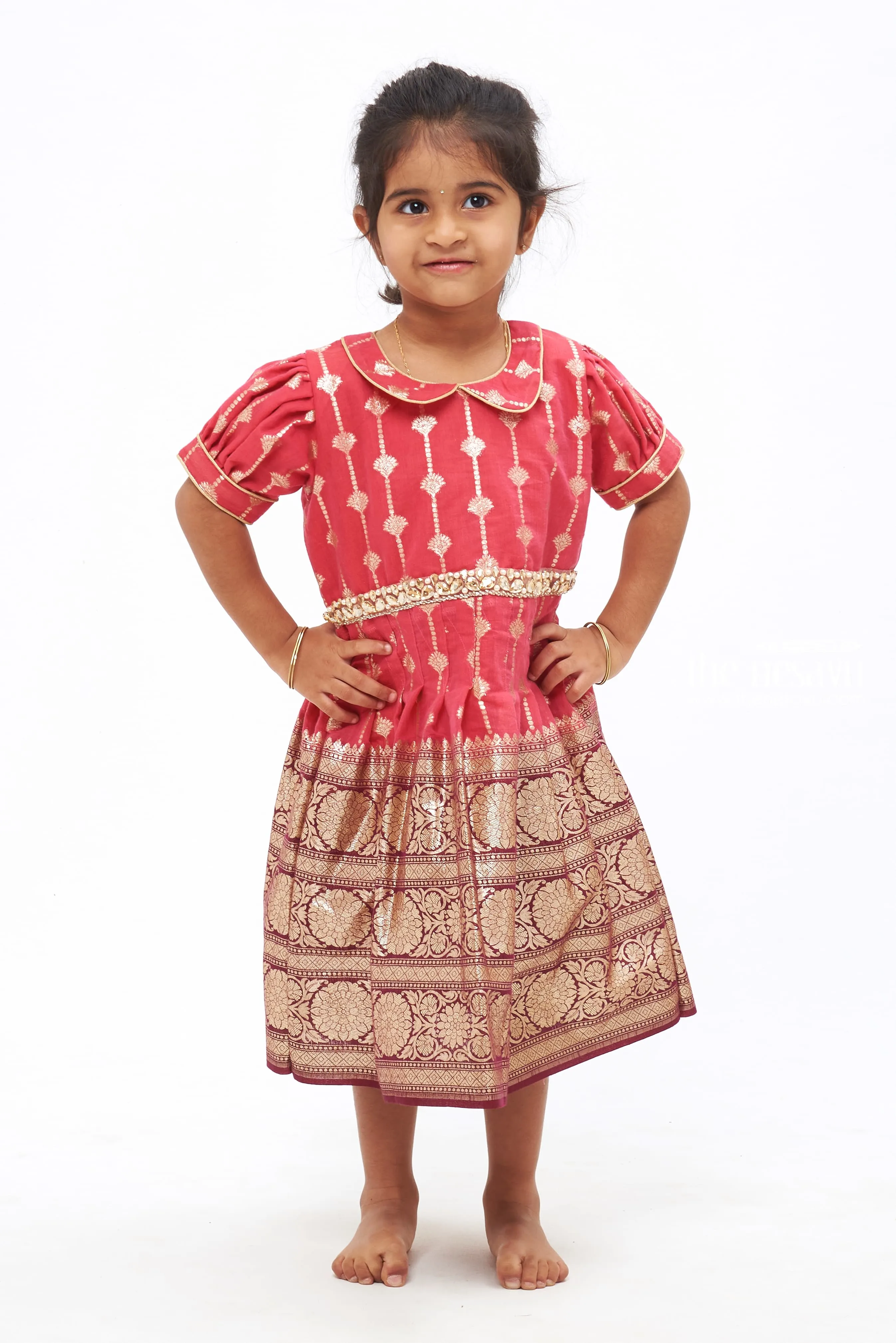 Crimson Charm Chronicle: Golden Zari Embroidered Silk Frock for Girls