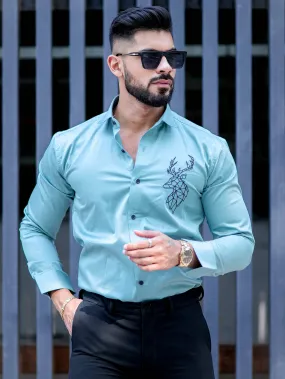 Deer Embroidered Cyan Golden Premium Cotton Shirt