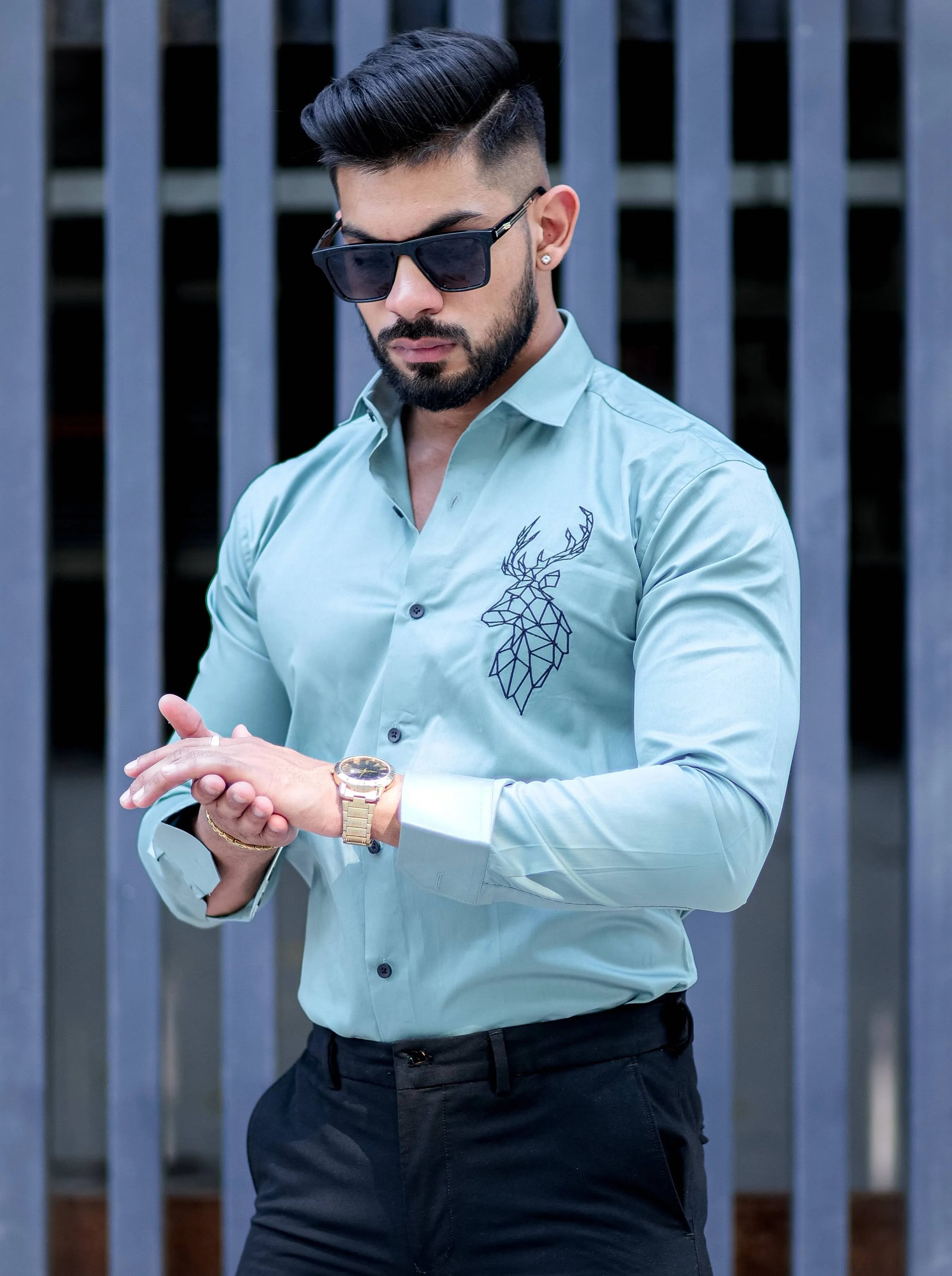 Deer Embroidered Cyan Golden Premium Cotton Shirt