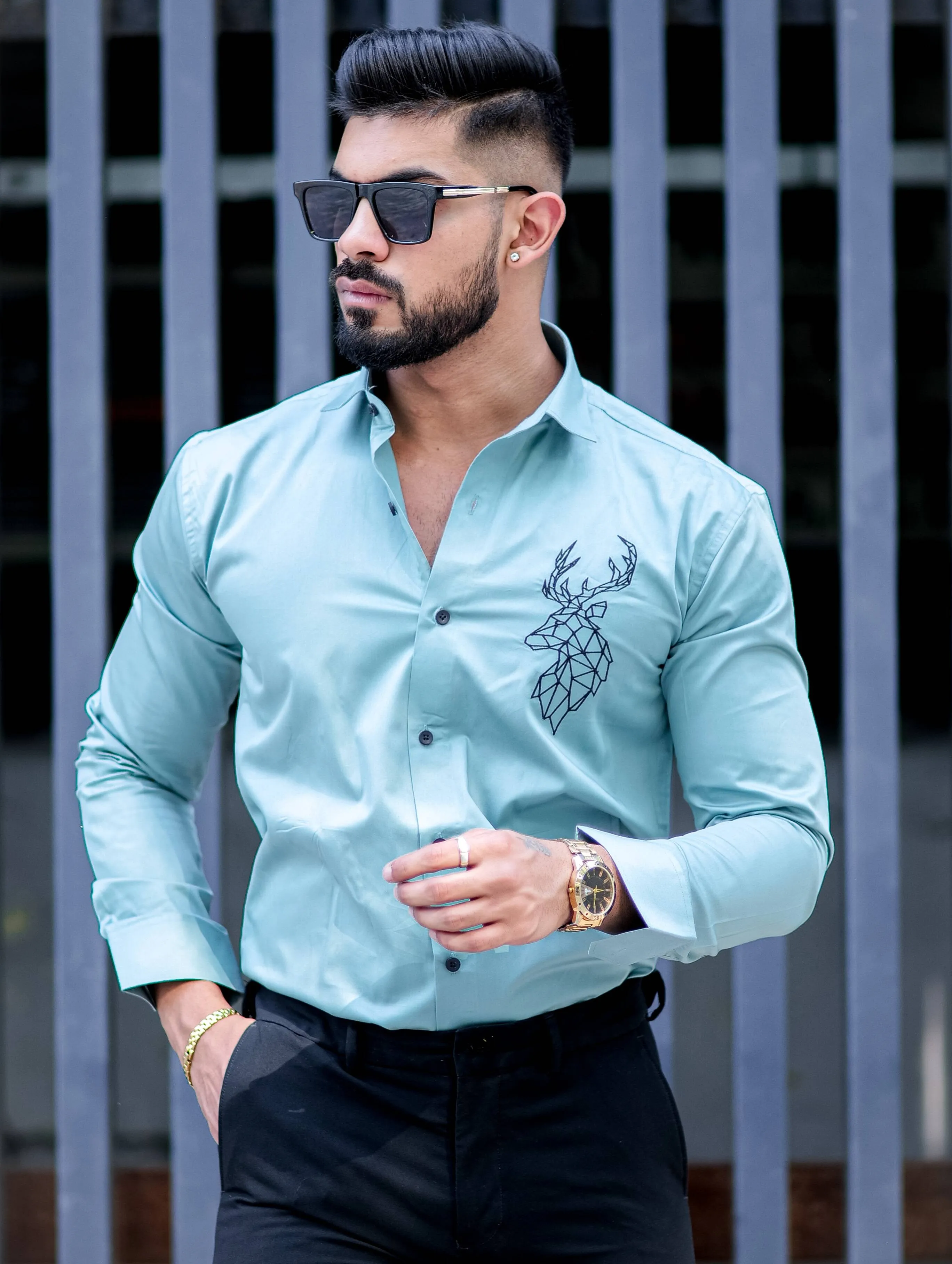 Deer Embroidered Cyan Golden Premium Cotton Shirt