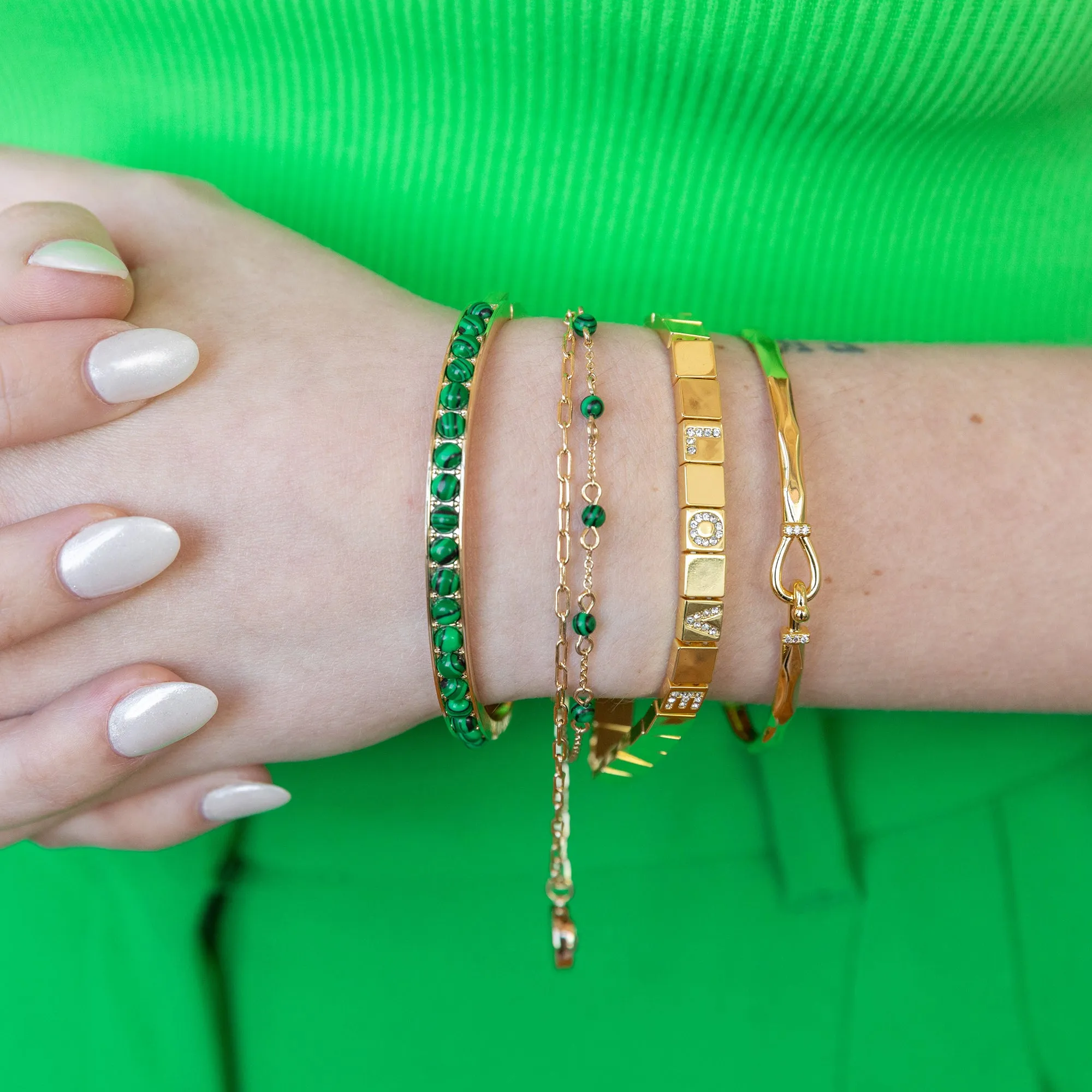 Gemstone Hinge Bangle, Reconstituted Malachite