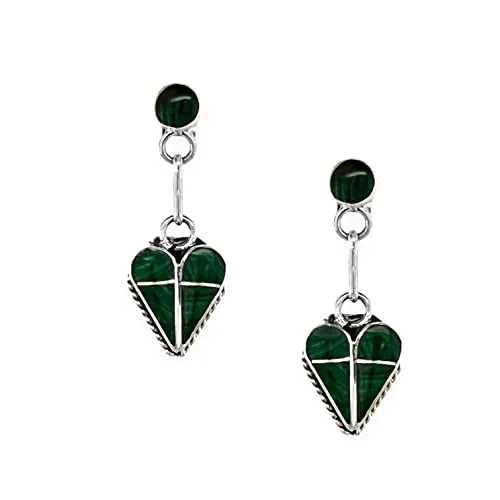 Genuine Malachite Heart Earrings, 925 Sterling Silver, Authentic Native American USA Handmade, Post Style, Nickel Free, Dark Green