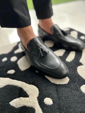 HANDMADE BLACK LEATHER TASSEL LOAFERS