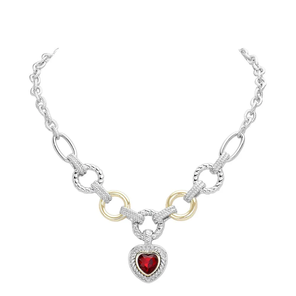 Heart Stone Charm Two Tone Textured Metal Toggle Necklace