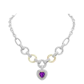 Heart Stone Charm Two Tone Textured Metal Toggle Necklace