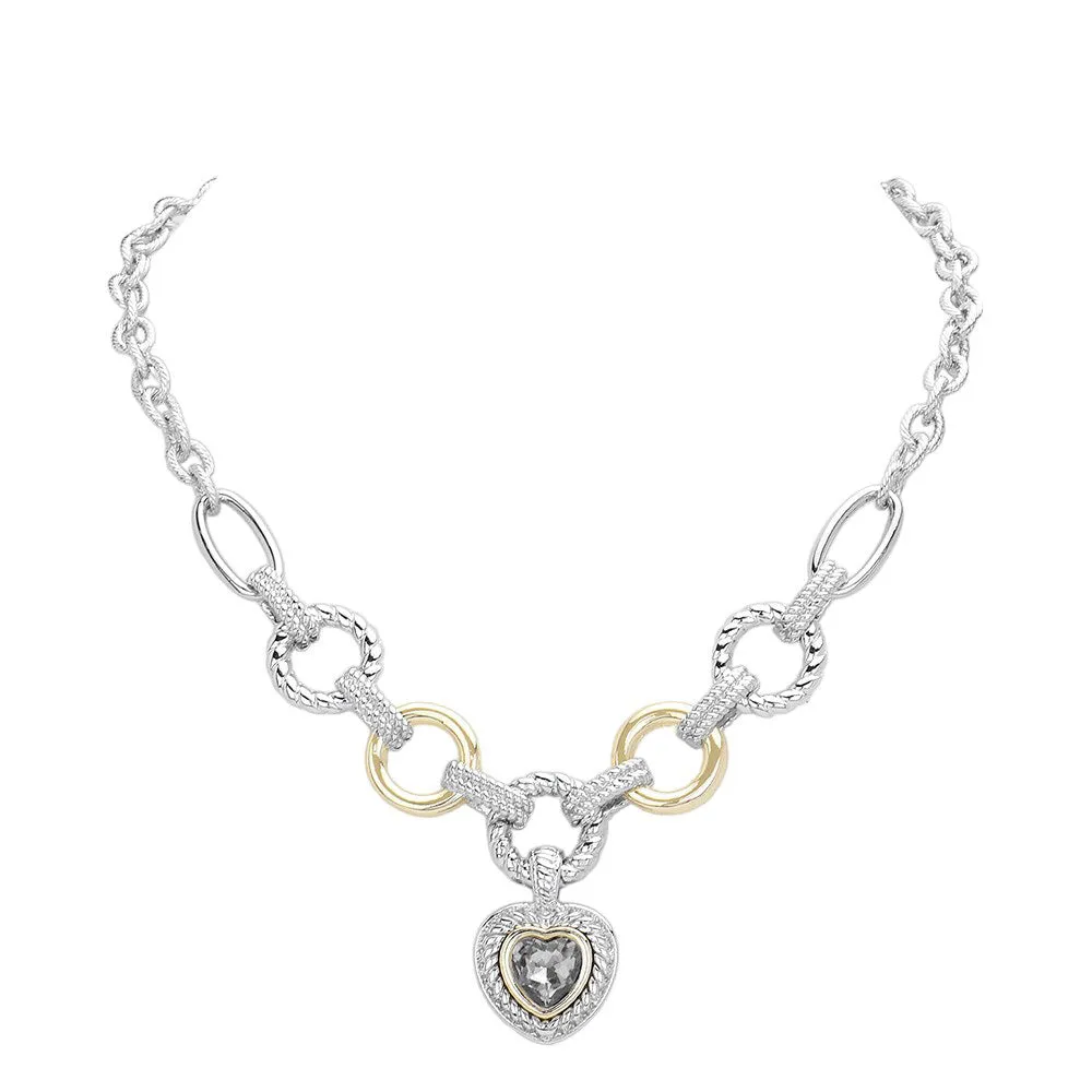 Heart Stone Charm Two Tone Textured Metal Toggle Necklace