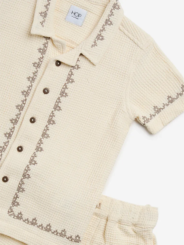 HOP Kids Beige Knit-Textured Cotton Shirt with Shorts Set