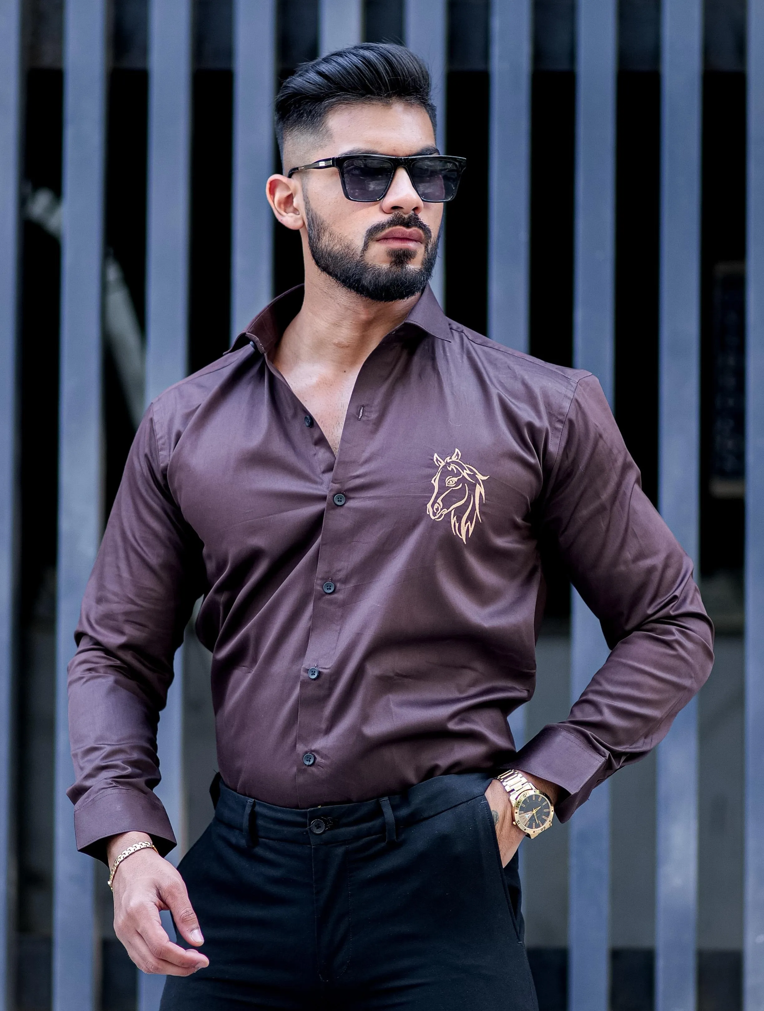 Horse Embroidered Brown Premium Cotton Shirt For Men