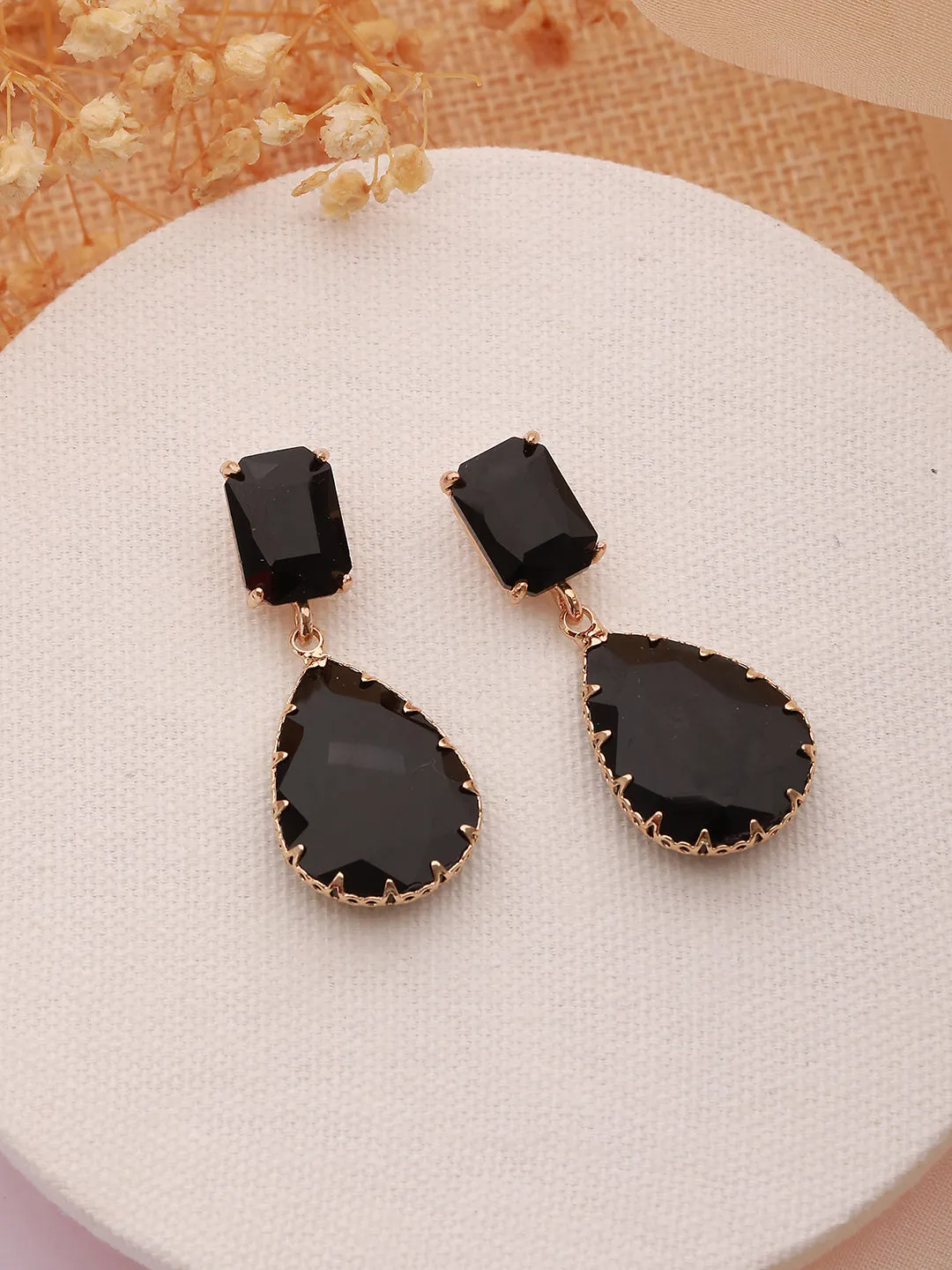 Jazz and Sizzle Gold-Plated Black Transparent Stone Studded Contemporary Tear Drop Earrings