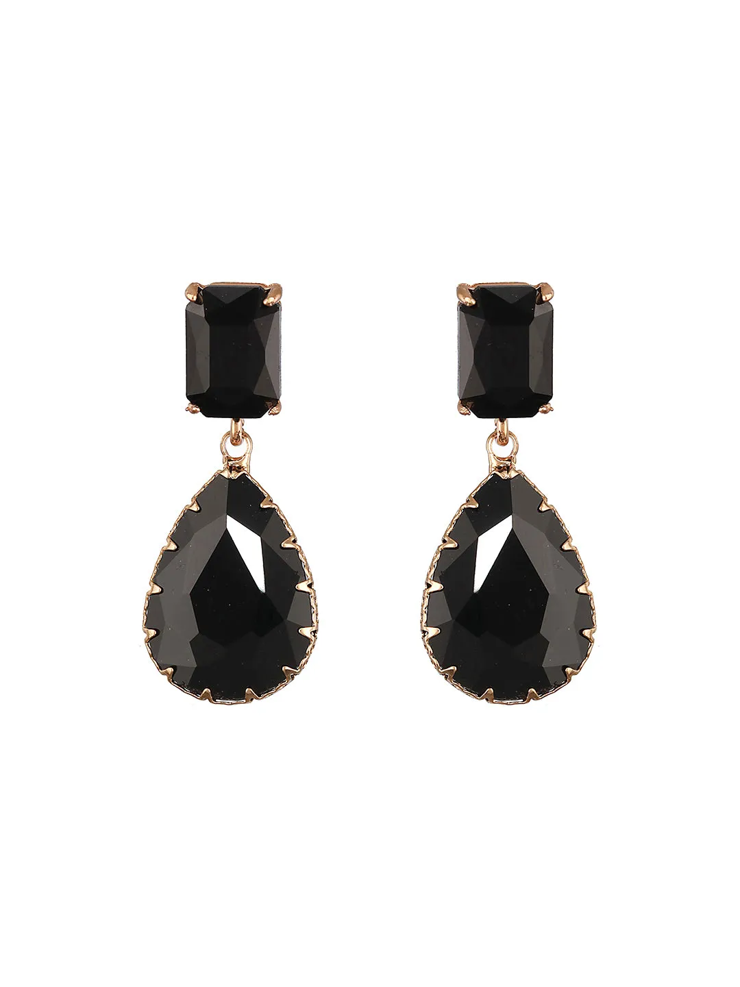 Jazz and Sizzle Gold-Plated Black Transparent Stone Studded Contemporary Tear Drop Earrings