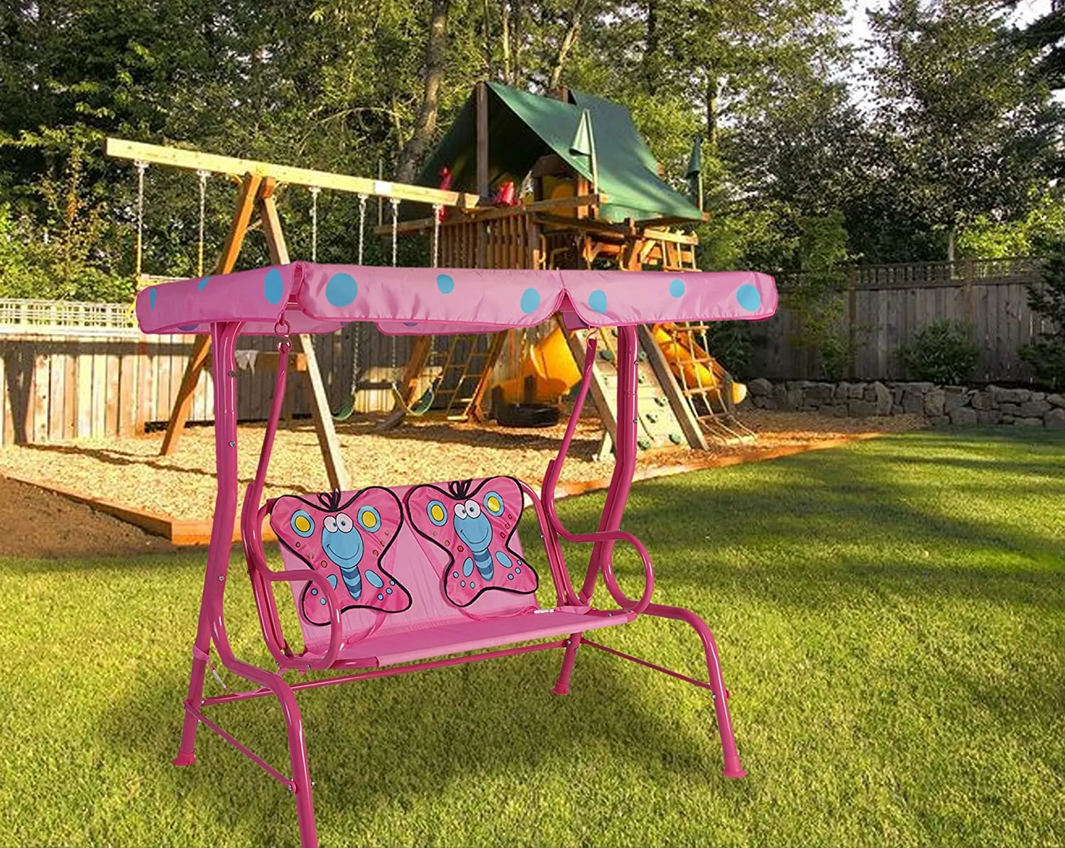 Kozyard Ava Kids 2 Seats Patio Swing, Adjustable Canopy and Safety Belt for Girls, Boys, Children (Pink with Butterfly Seat, Yellow with Tiger Seat)