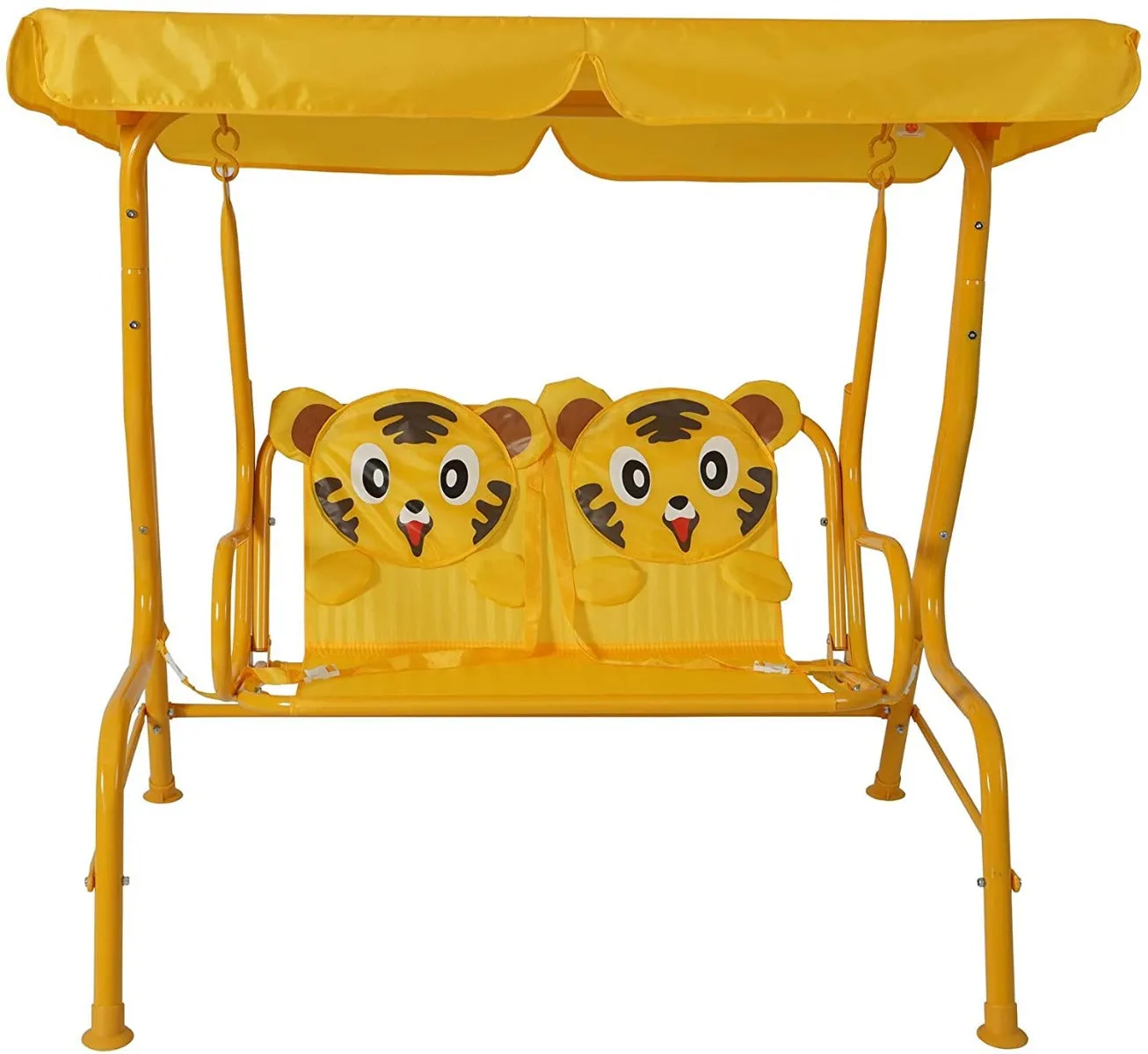 Kozyard Ava Kids 2 Seats Patio Swing, Adjustable Canopy and Safety Belt for Girls, Boys, Children (Pink with Butterfly Seat, Yellow with Tiger Seat)