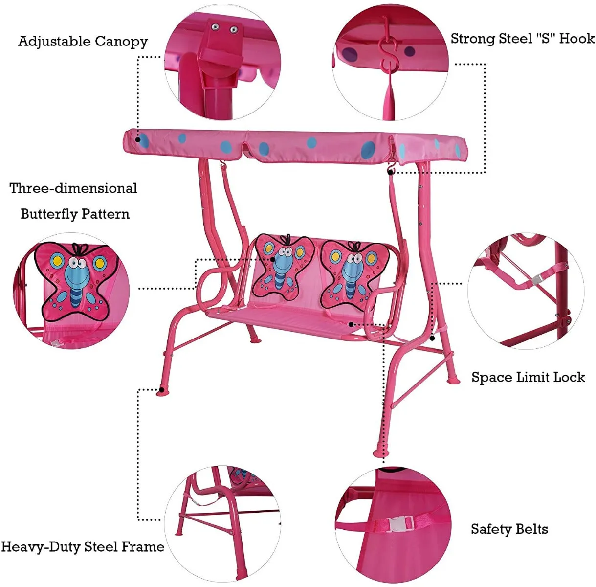 Kozyard Ava Kids 2 Seats Patio Swing, Adjustable Canopy and Safety Belt for Girls, Boys, Children (Pink with Butterfly Seat, Yellow with Tiger Seat)