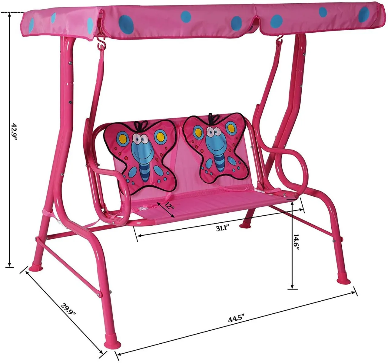 Kozyard Ava Kids 2 Seats Patio Swing, Adjustable Canopy and Safety Belt for Girls, Boys, Children (Pink with Butterfly Seat, Yellow with Tiger Seat)