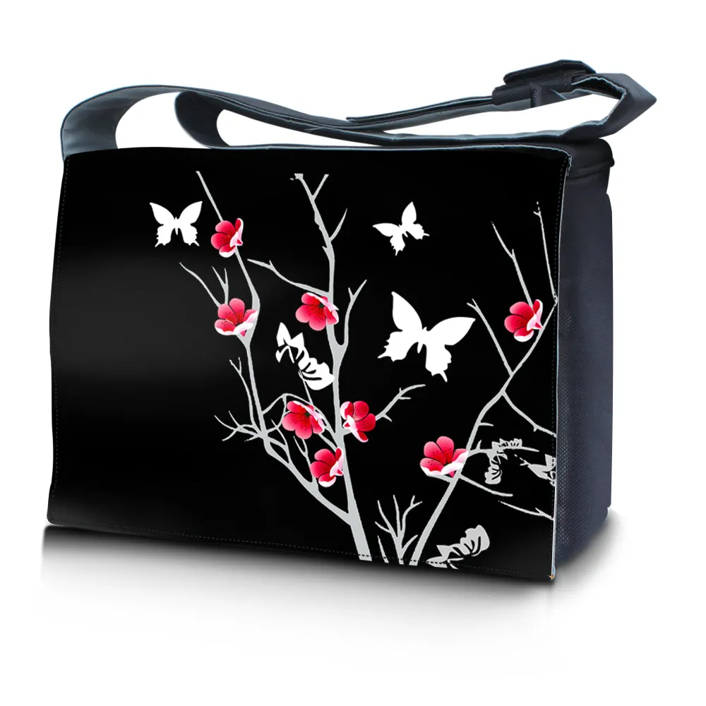 Laptop Padded Compartment Shoulder Messenger Bag Carrying Case & Matching Skin & Mouse Pad – Black Red Flowers Butterfly