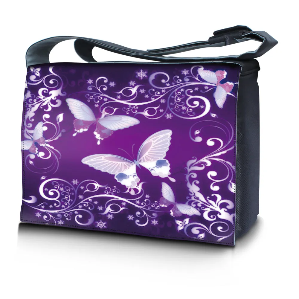 Laptop Padded Compartment Shoulder Messenger Bag Carrying Case & Matching Skin – Purple Butterfly