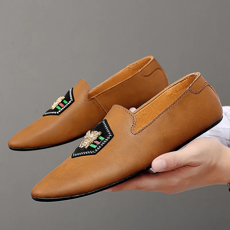 Men's Stylish Loafers Bee Embroidery Leather Shoes For Men | 597