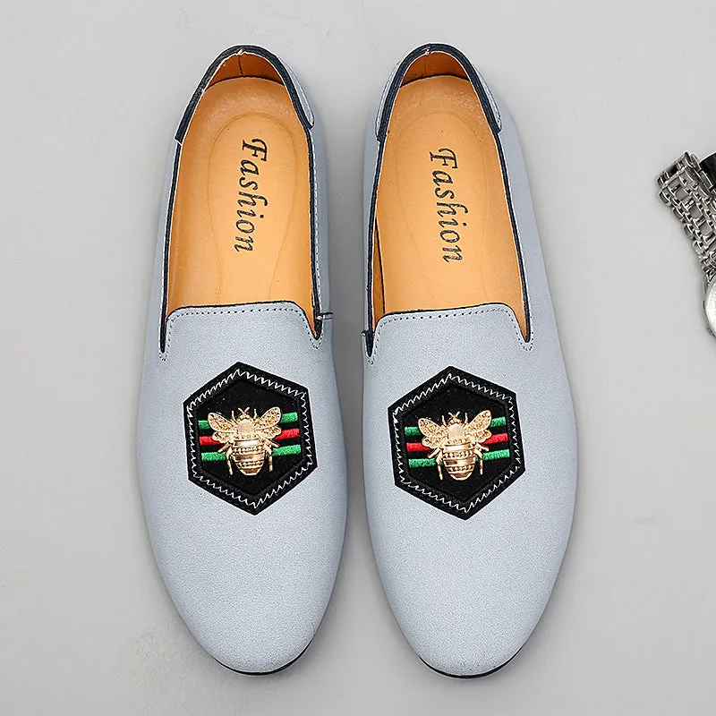 Men's Stylish Loafers Bee Embroidery Leather Shoes For Men | 597