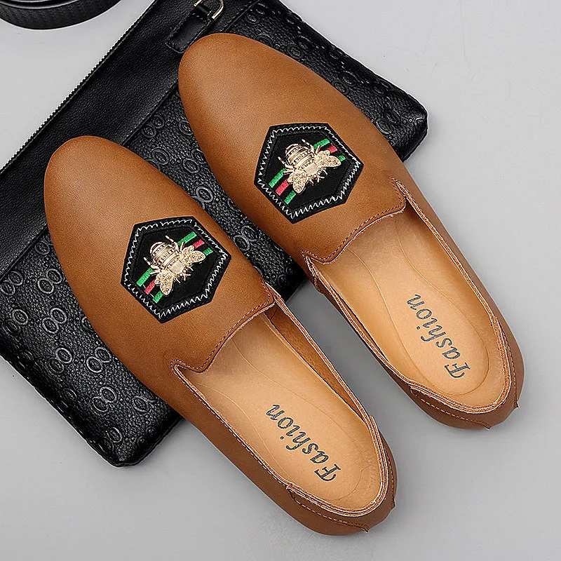 Men's Stylish Loafers Bee Embroidery Leather Shoes For Men | 597