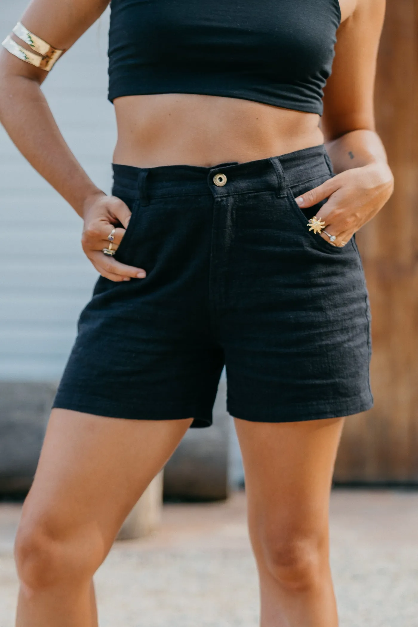 Miller Shorts- Unisex Textured Linen Shorts - Washed Black