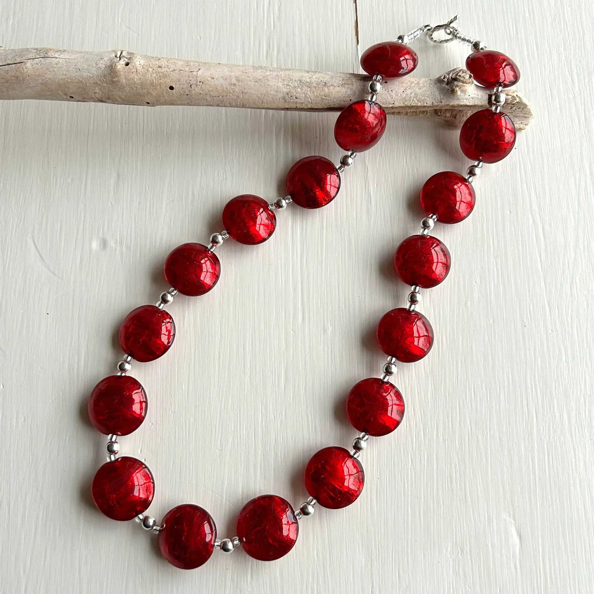 Necklace with red Murano glass medium lentil beads on silver