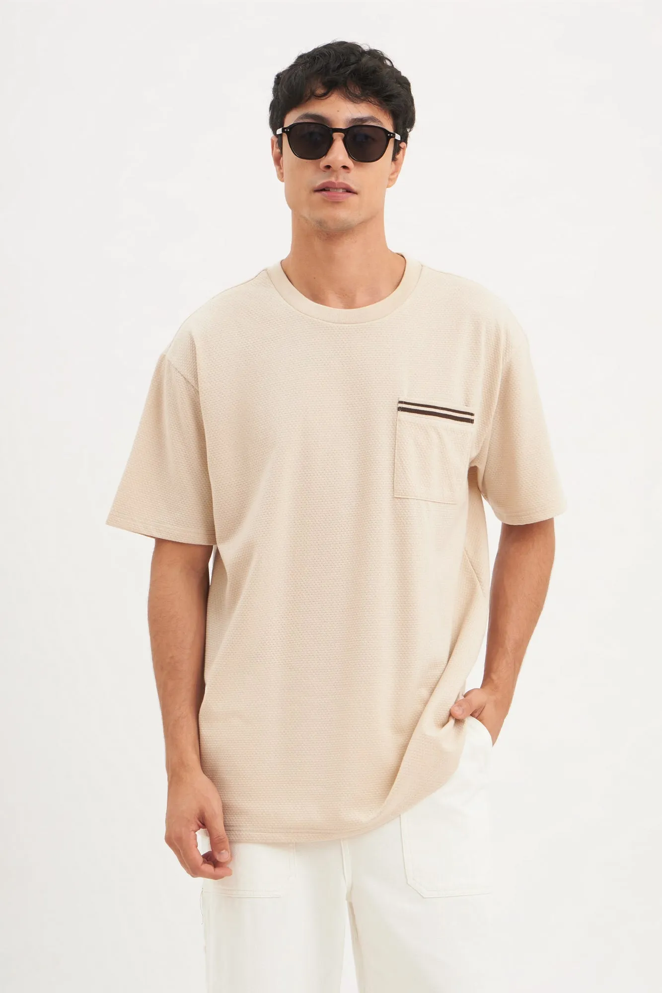 Relaxed Fit Textured Knit T-Shirt With Pocket