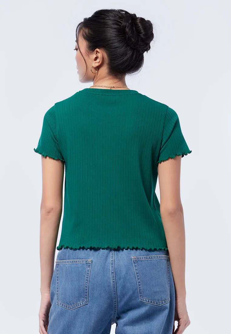 Round Neck Rib T-Shirt with Lettuce Hem