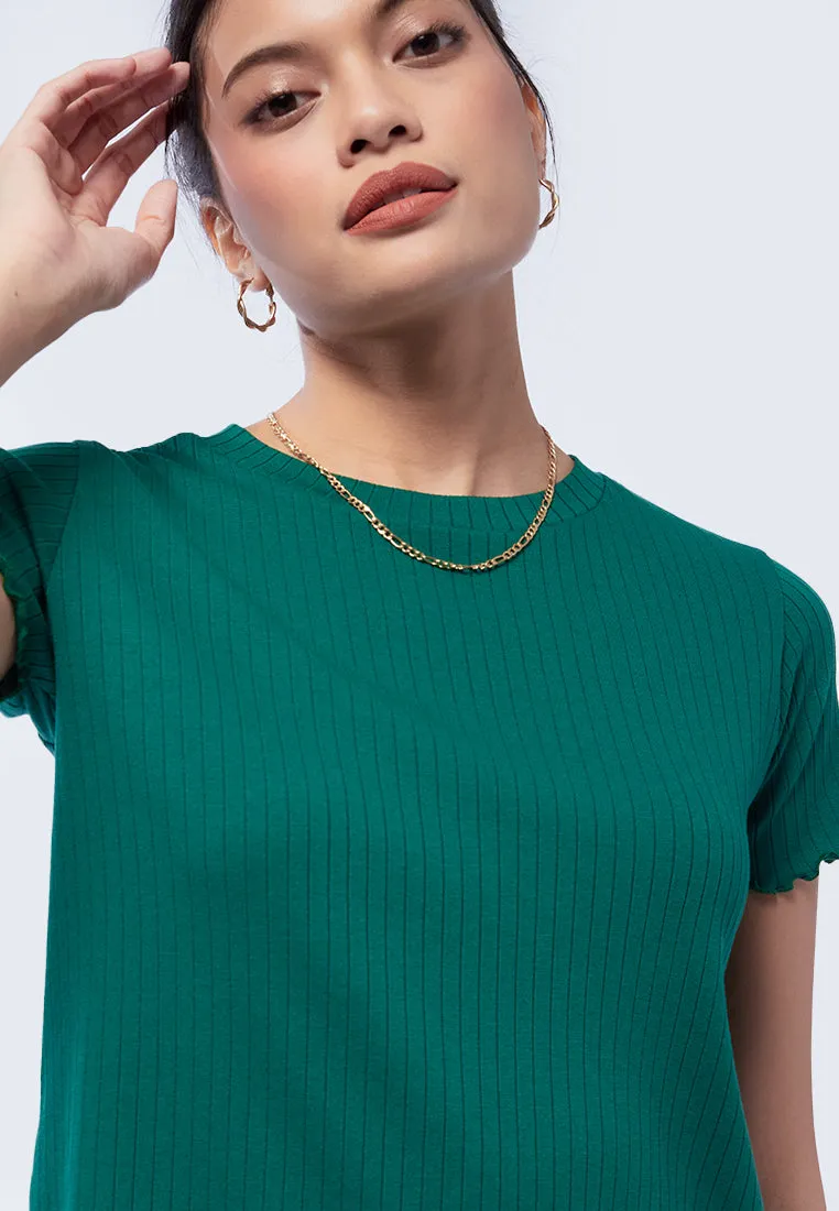 Round Neck Rib T-Shirt with Lettuce Hem