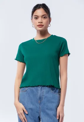 Round Neck Rib T-Shirt with Lettuce Hem