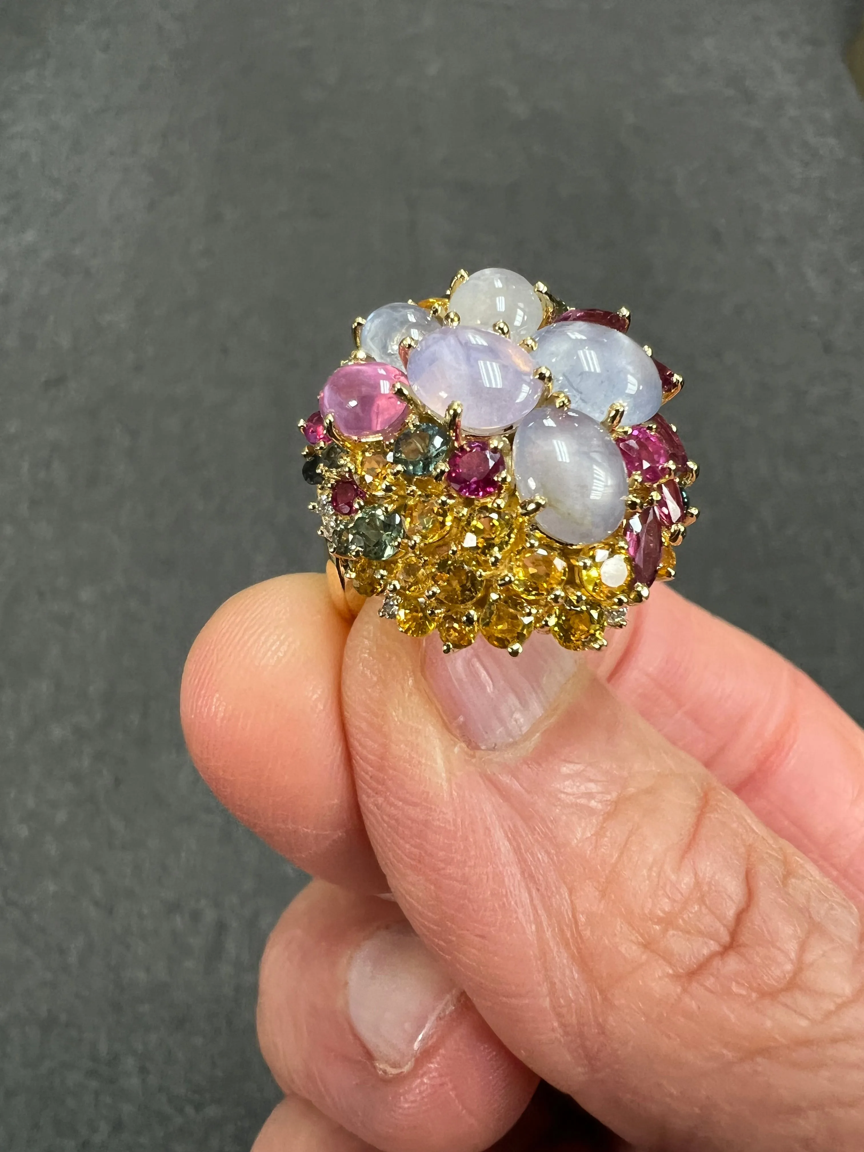 Star Sapphires and Multi Colored Sapphires Diamond Yellow Gold Cocktail Ring