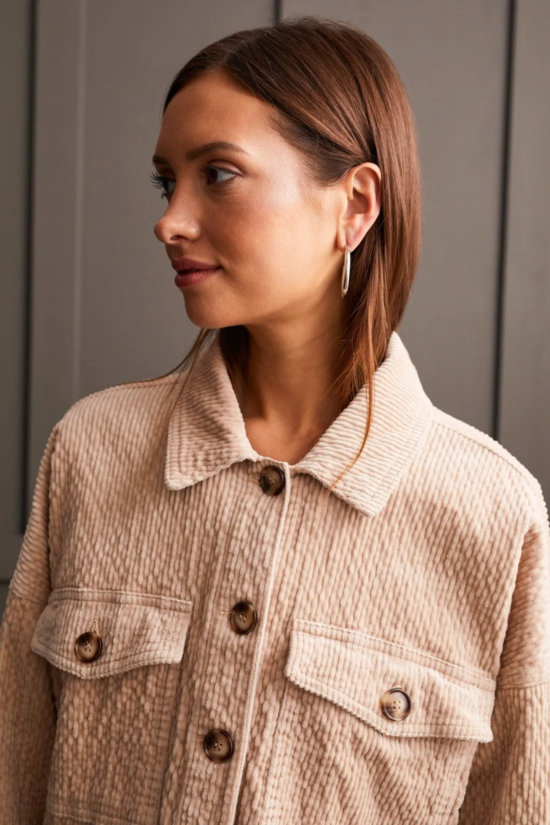 TEXTURED CORD SHACKET WITH PATCH POCKETS-Beige