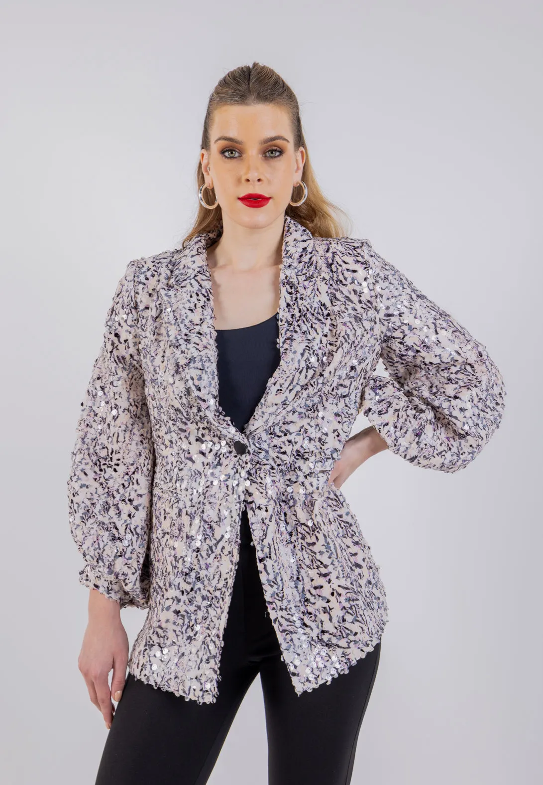 Textured Sequin Blazer with Balloon Sleeves