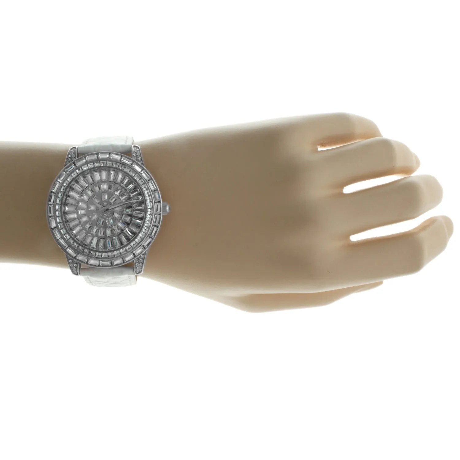 Women's Silver Crystal Couture Watch with White Leather Band