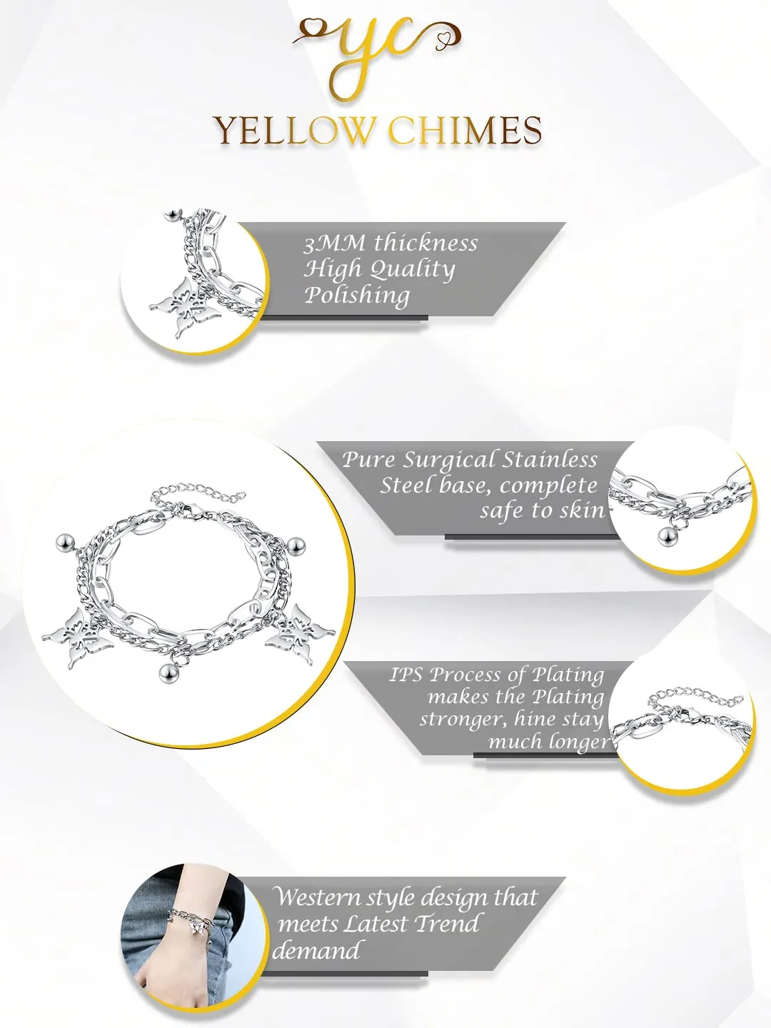 Yellow Chimes Butterfly Bracelet for Women Stainless Steel Adjustable Chain Butterfly Charm bracelet for Women and Girls